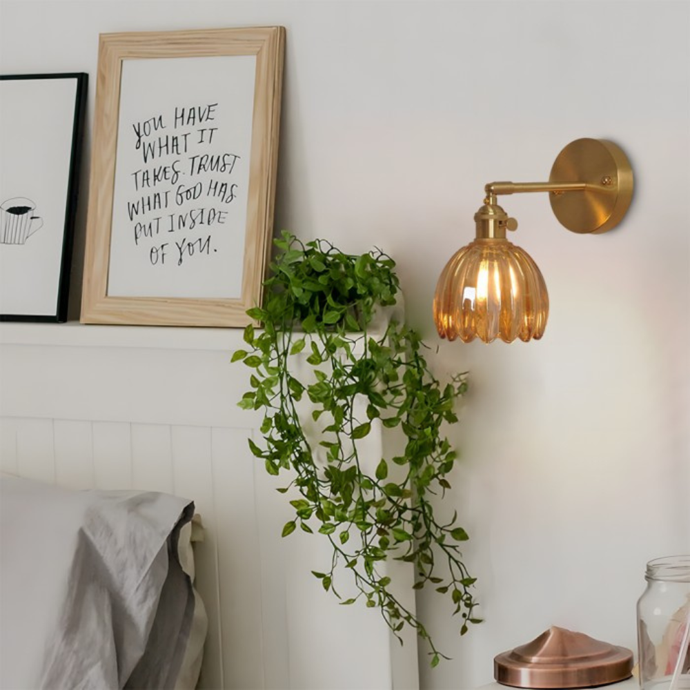 Vintage Brass Tulip Glass Wall Sconce with Retro Classic Design