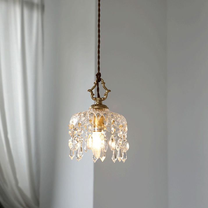 Vintage Crystal Pendant Light with Floral Shade