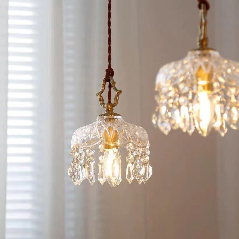 Vintage Crystal Pendant Light with Floral Shade