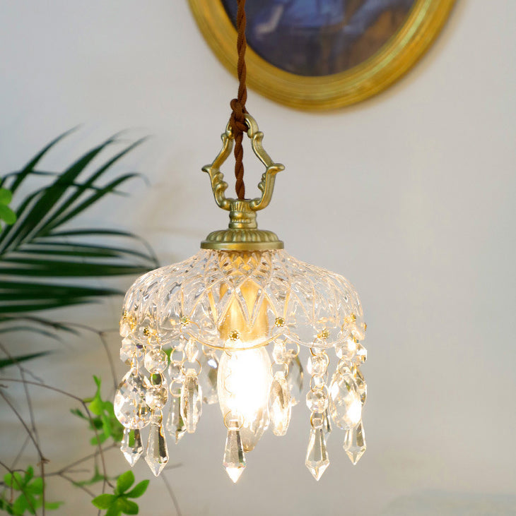 Vintage Crystal Pendant Light with Floral Shade