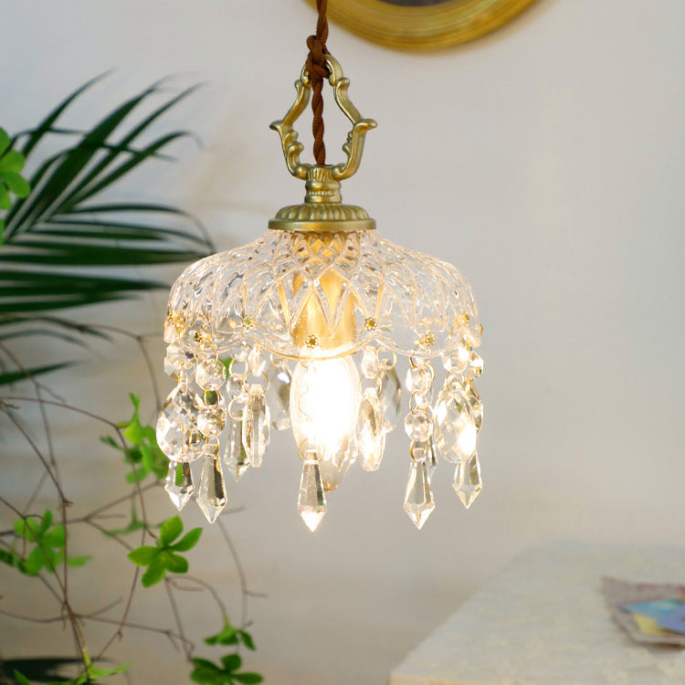Vintage Crystal Pendant Light with Floral Shade