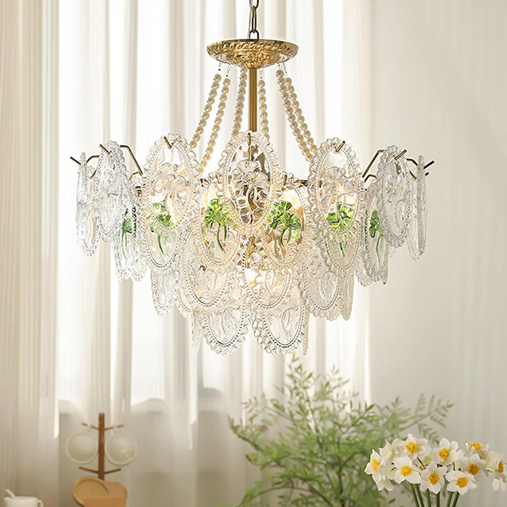 Vintage Pearl Glass Dining Room Chandelier with Gold Frame