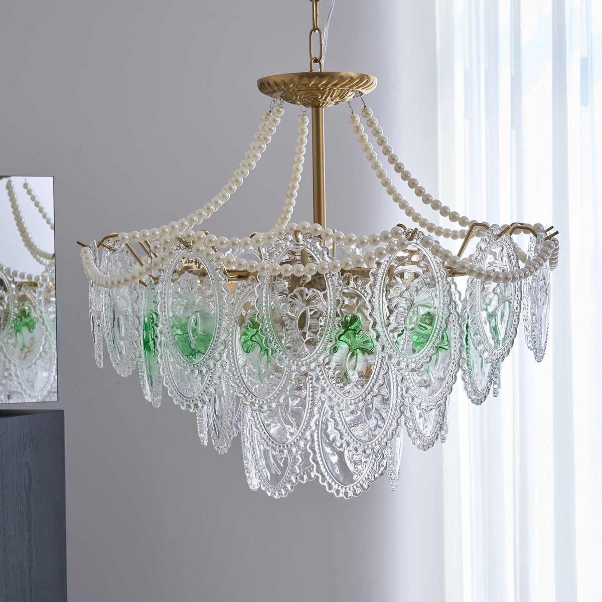Vintage Pearl Glass Dining Room Chandelier with Gold Frame