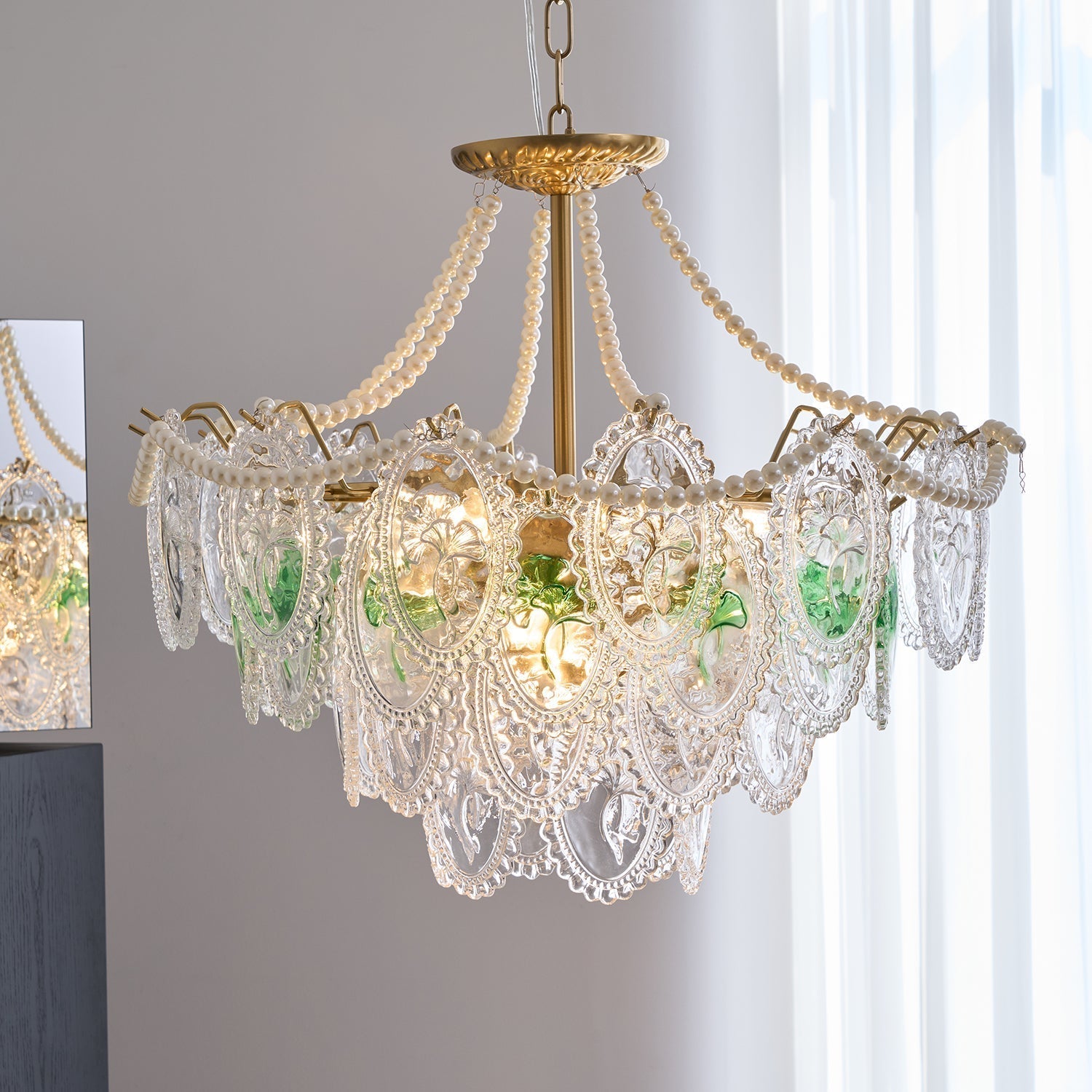 Vintage Pearl Glass Dining Room Chandelier with Gold Frame