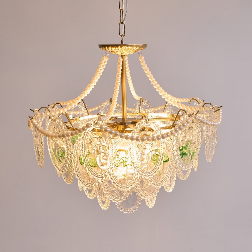 Vintage Pearl Glass Dining Room Chandelier with Gold Frame