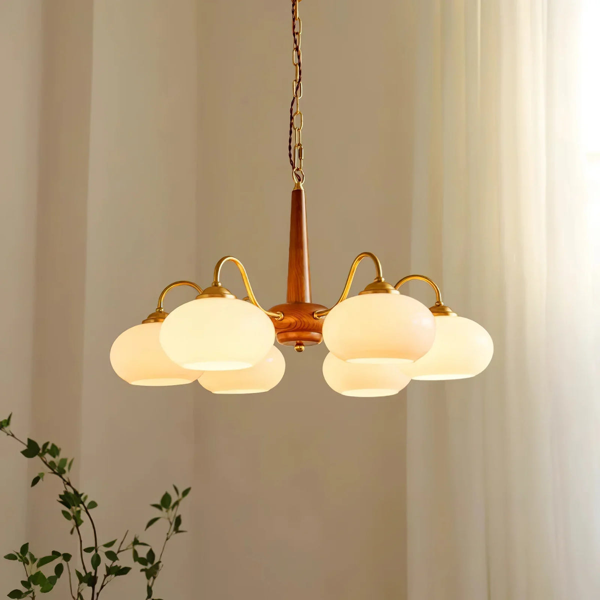 Vintage Wood Glass Chandelier with Six Lights