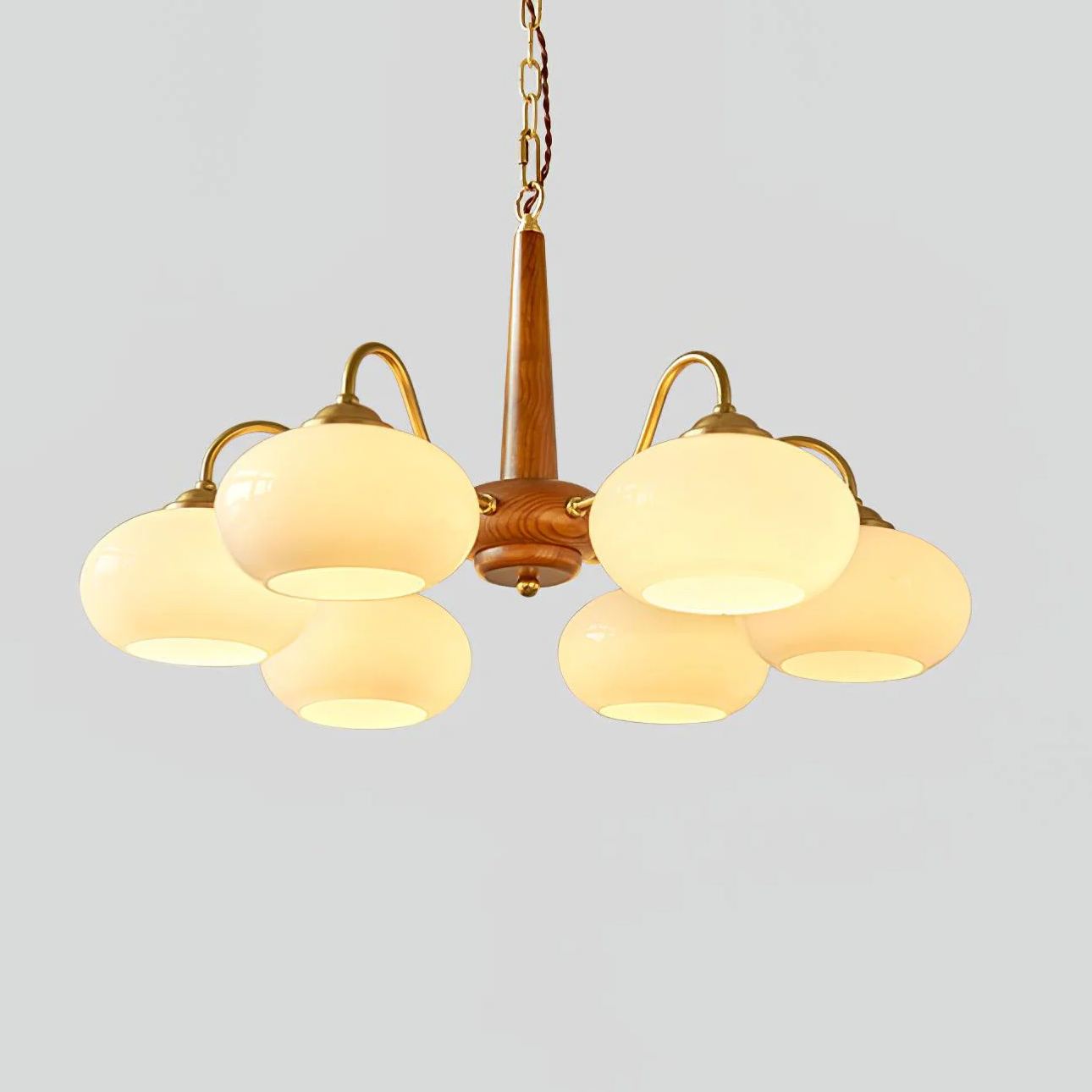 Vintage Wood Glass Chandelier with Six Lights
