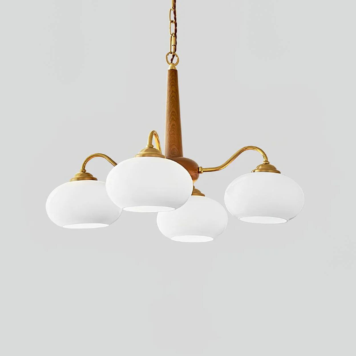 Vintage Wood Glass Chandelier with Three Lights