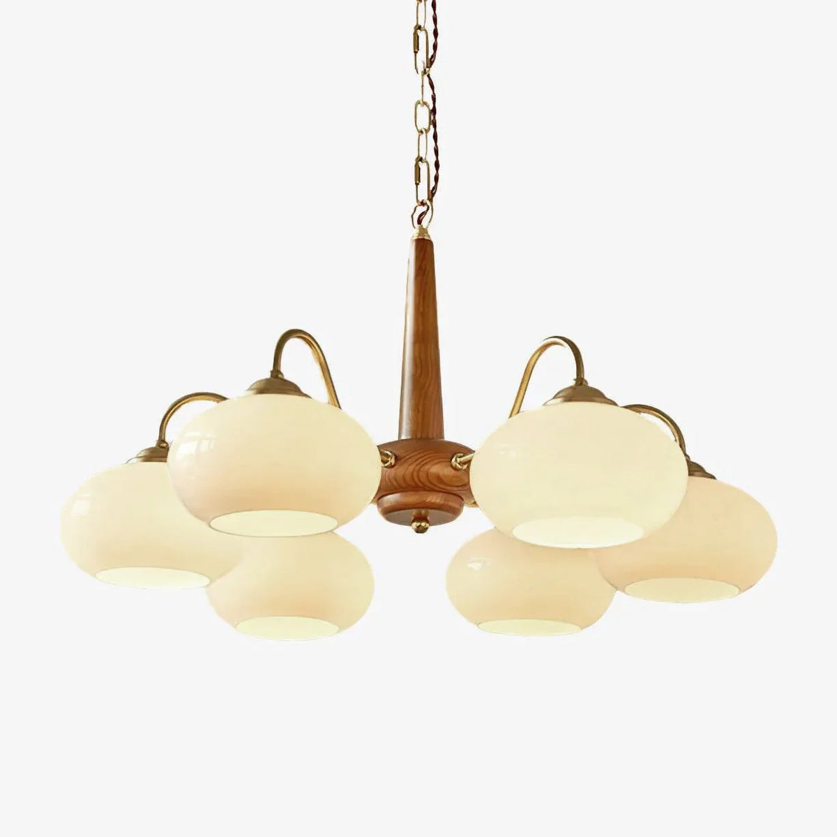 Vintage Wood Glass Chandelier with Three Lights