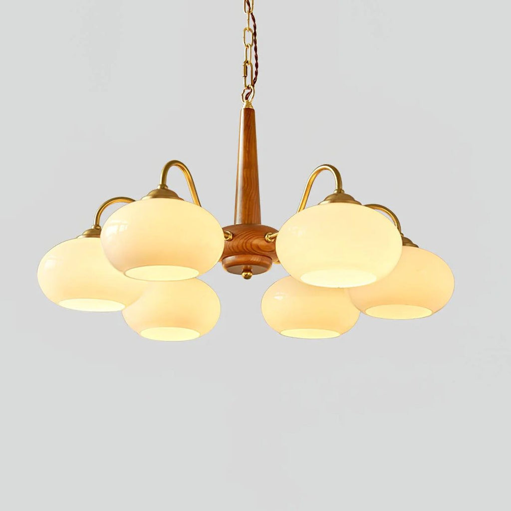 Vintage Wood Glass Chandelier with Three Lights