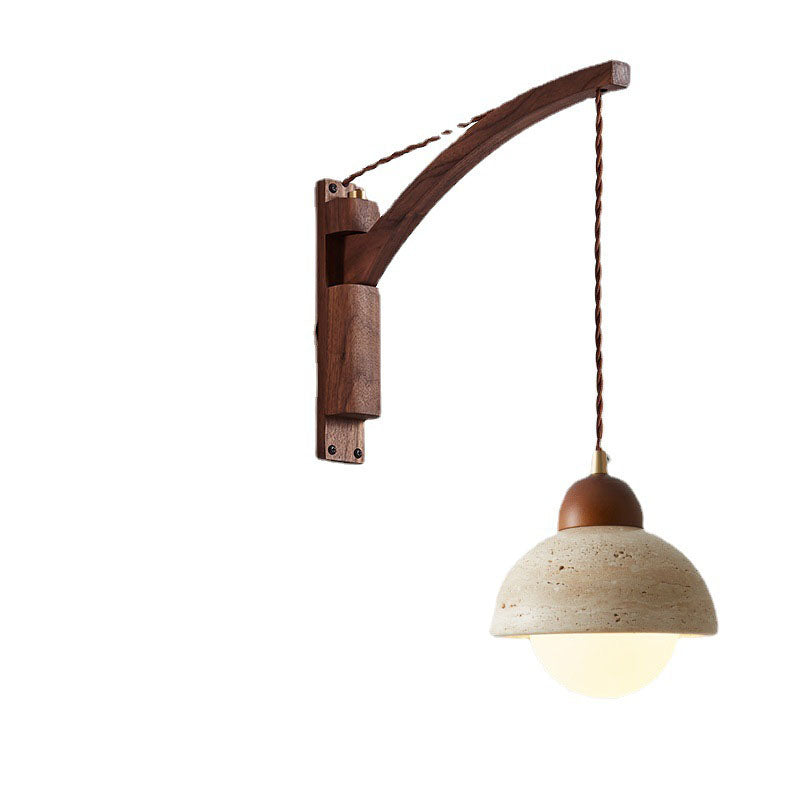 Japandi Wooden Arm Pendant Wall Sconce with Wabi-Sabi Stone Shade