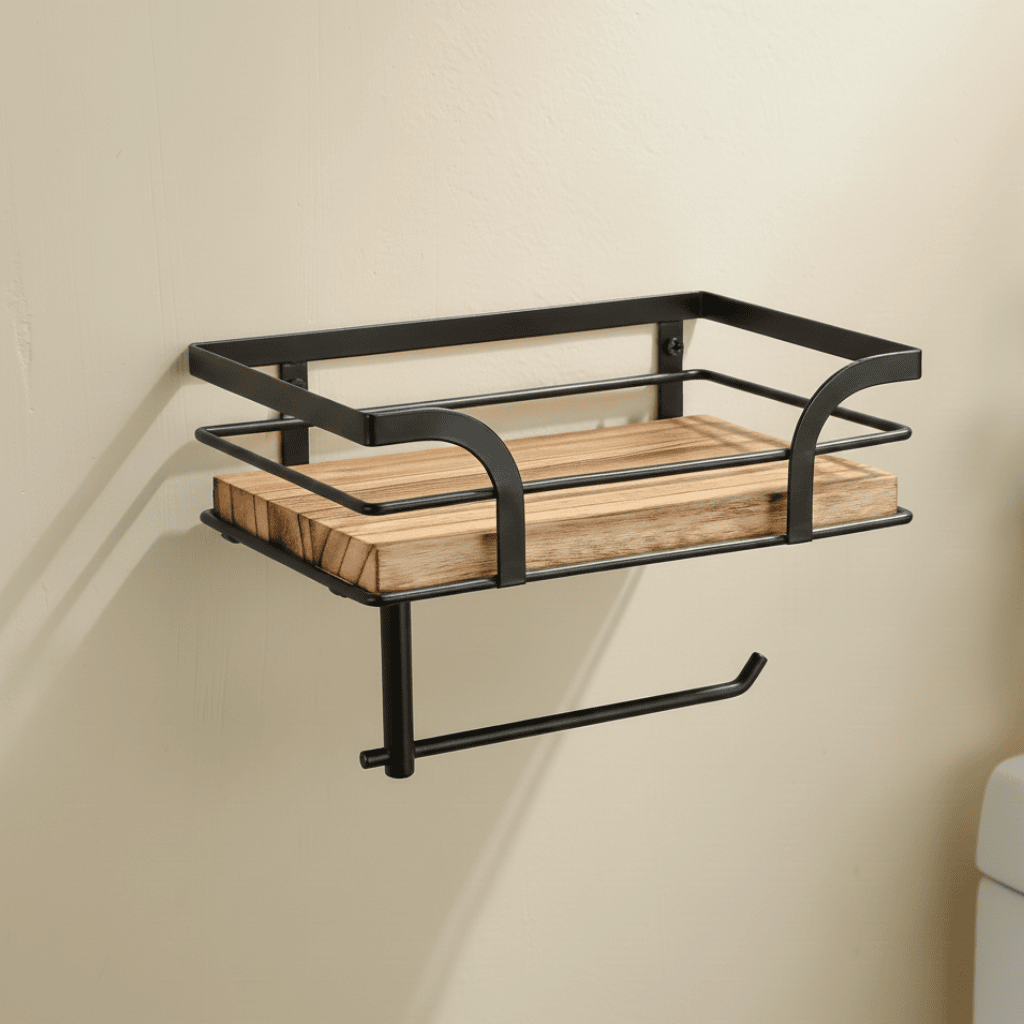 Wall Rack with Wood Shelf and Towel Bar Design