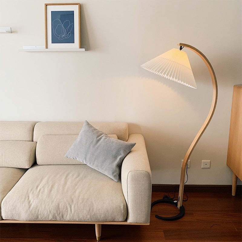 Wood Arc Floor Lamp with Fabric Pleated Shade
