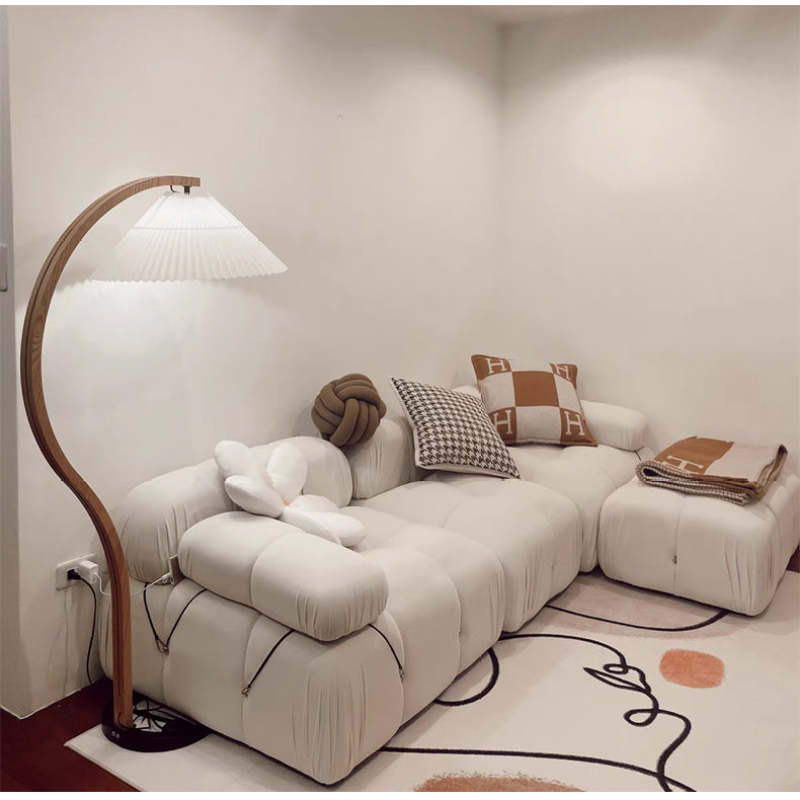 Wood Arc Floor Lamp with Fabric Pleated Shade