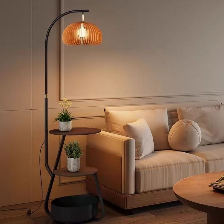 Wood Arc Floor Lamp with Shelves and Shade
