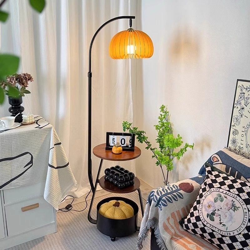 Wood Arc Floor Lamp with Shelves and Shade