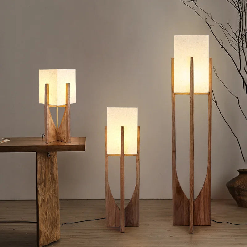 Wood Frame Fabric Shade Floor & Table Lamp