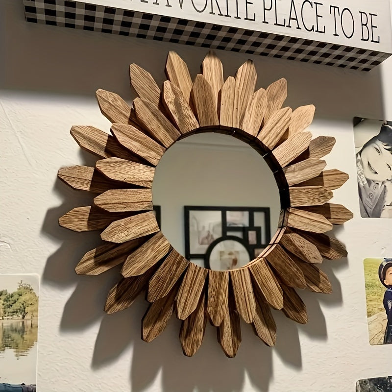 Wood Sunburst Mirror with Rustic Frame Design