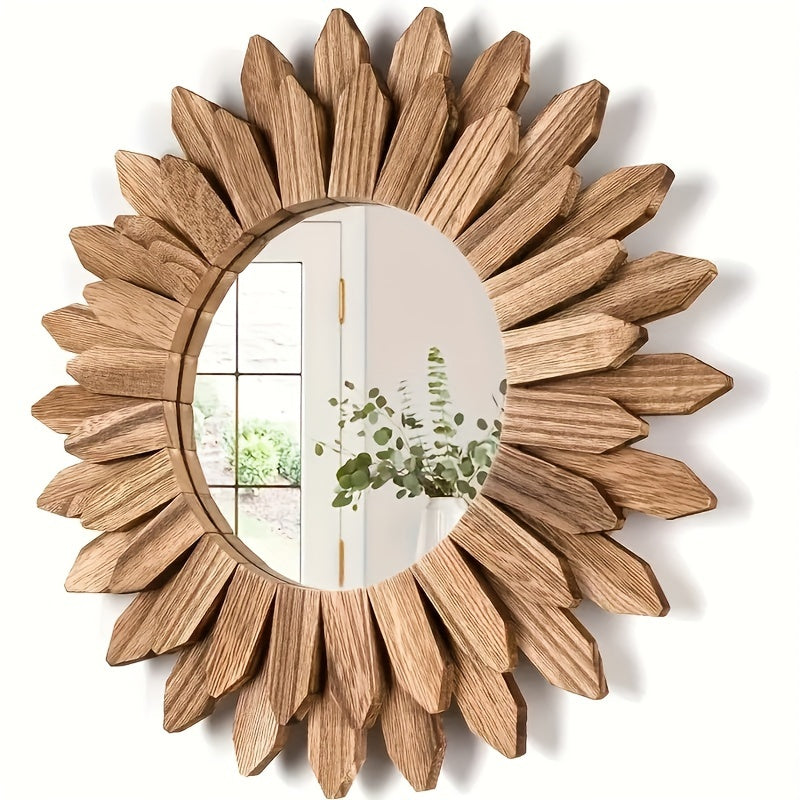 Wood Sunburst Mirror with Rustic Frame Design