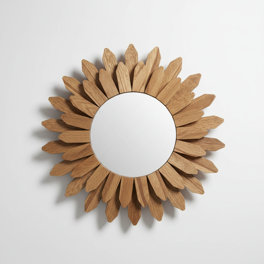 Wood Sunburst Mirror with Rustic Frame Design