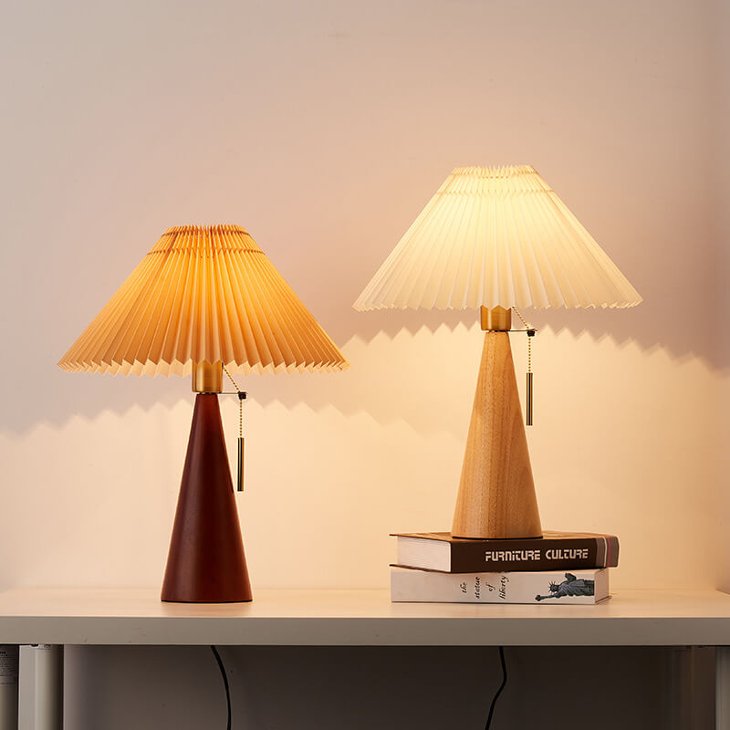 Wood Table Lamp with Pleated Fabric Shade