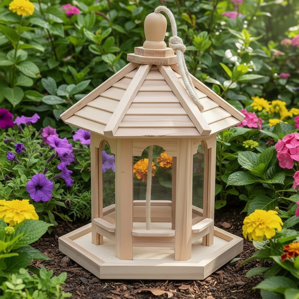 Wooden Hanging Bird Feeder House with Seed Tray