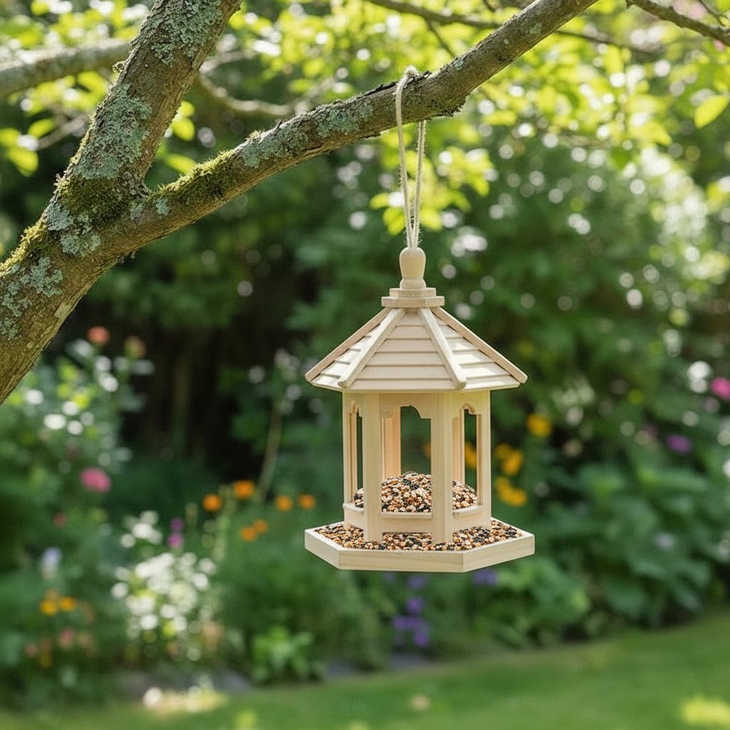 Wooden Hanging Bird Feeder House with Seed Tray