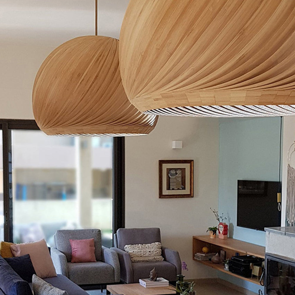 Wooden Spiral Pendant Light with Slatted Shade